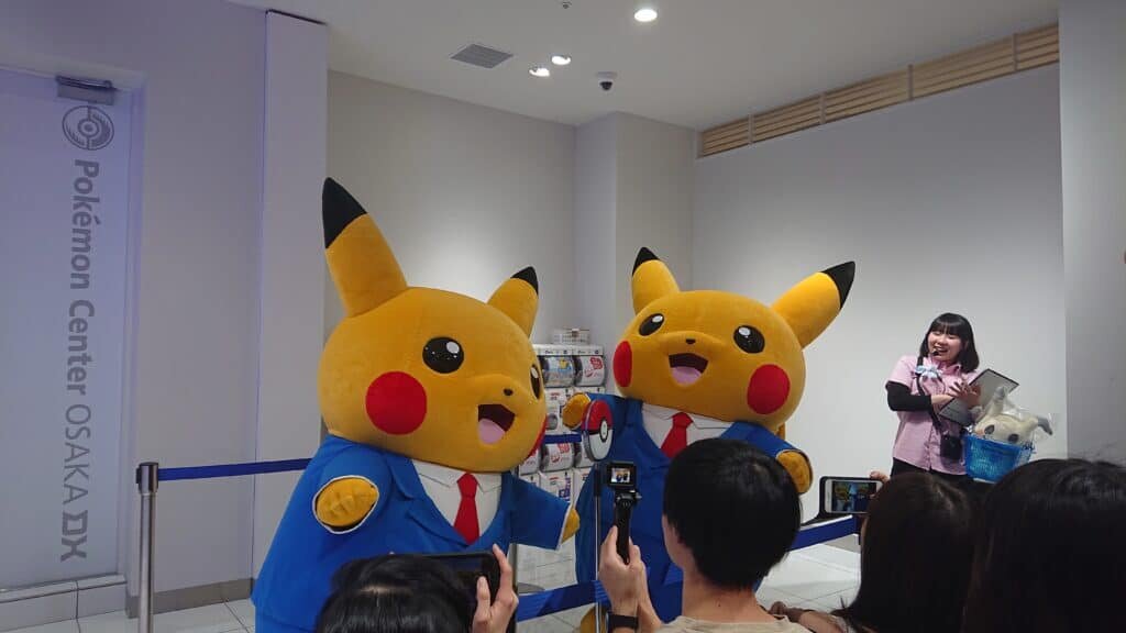 Manzai-style Pikachu mascots at Pokemon Center Osaka DX.
