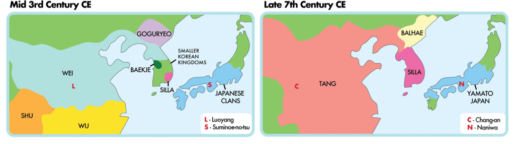 Maps showing political shifts in East Asia during early Japanese history (borders are approximate).