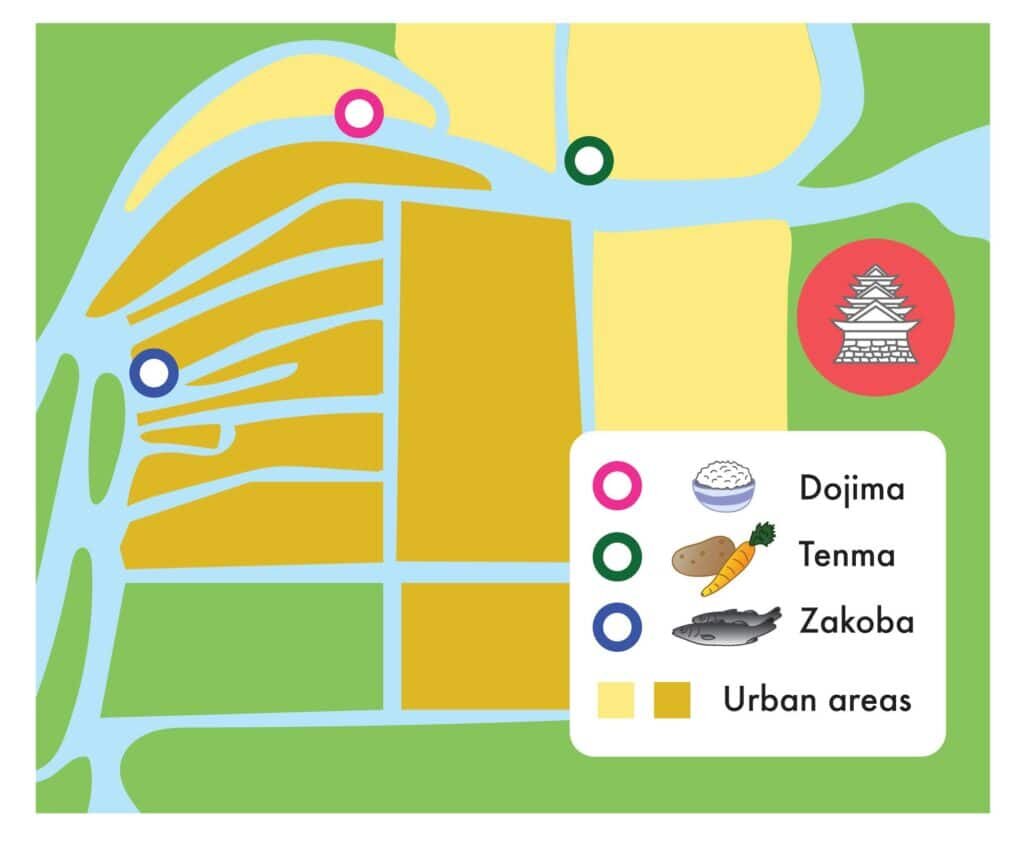 Map of major markets in Edo Period Osaka.