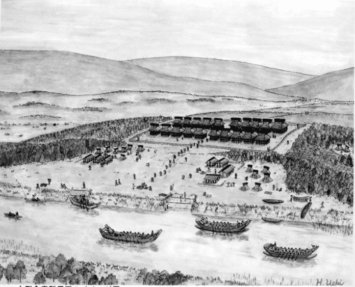 Depiction of storehouses in Naniwa around the 5th century CE. Source: Richard Pearson https://www.researchgate.net/publication/328203195_Osaka_Archaeology