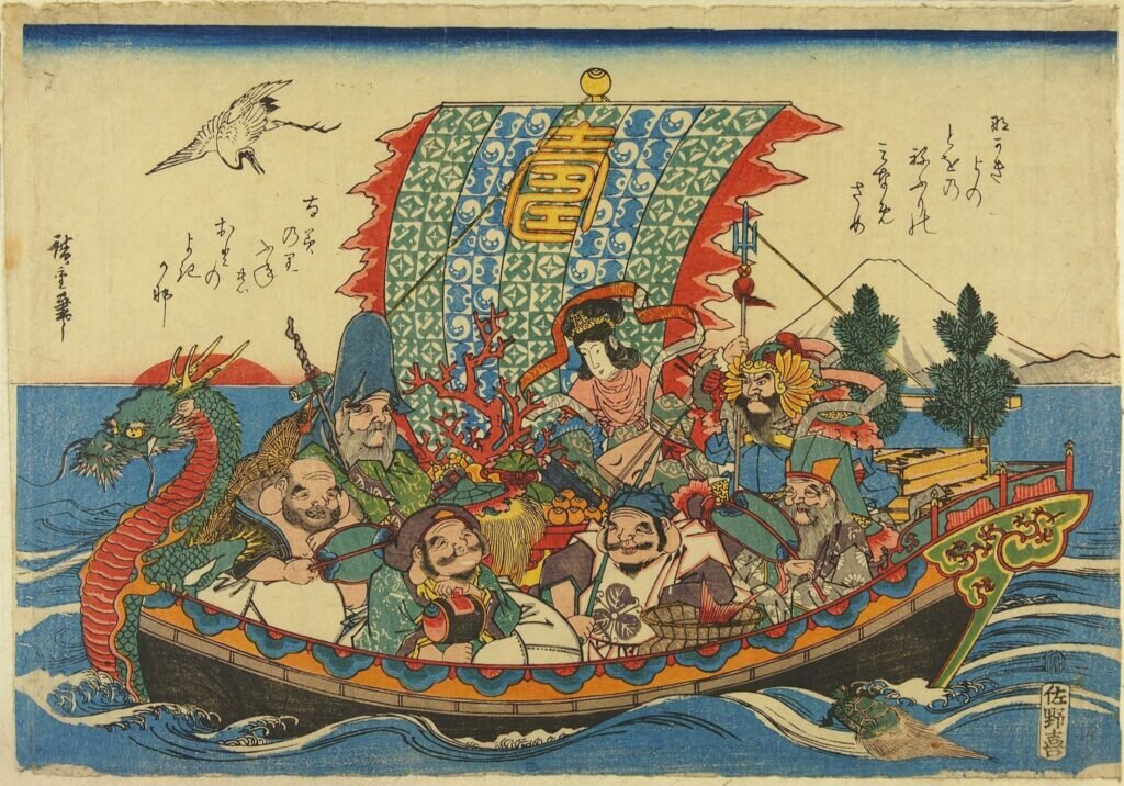 The Seven Lucky Gods on the takarabune. Source: Victoria & Albert Museum https://collections.vam.ac.uk/item/O74843/the-treasure-ship-woodblock-print-utagawa-hiroshige